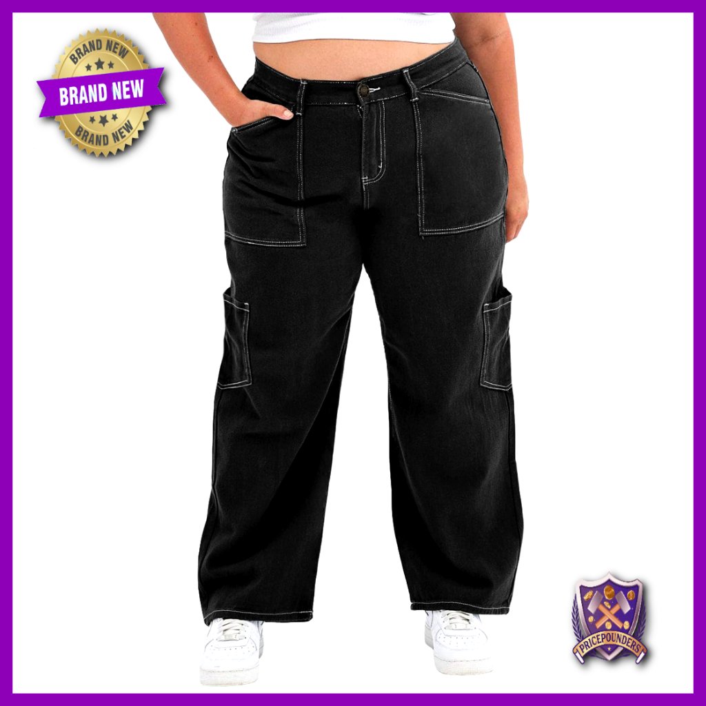 Plus Size Cargo Pants High Waisted Stretch Wide Leg Casual Trousers With Pockets